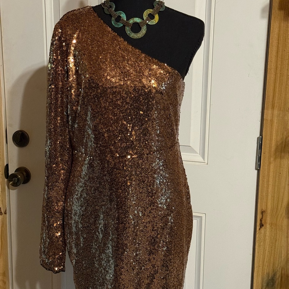 Glamorous One-Shoulder Sequin Dress in Bronze